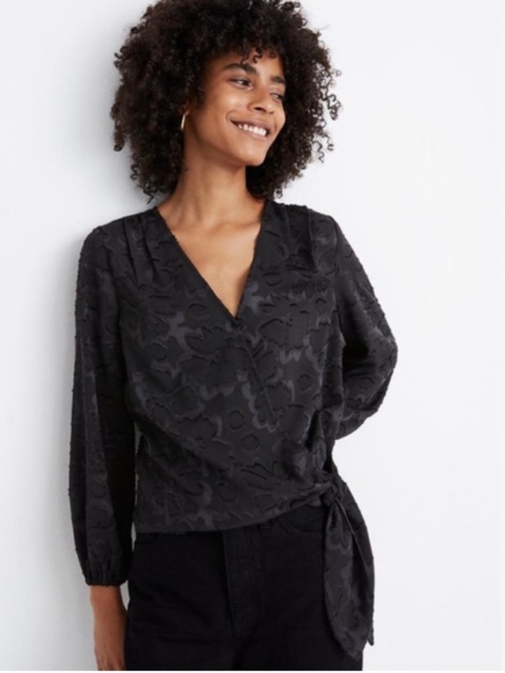Madewell Floral Jacquard Black V-Neck Wrap Blouse